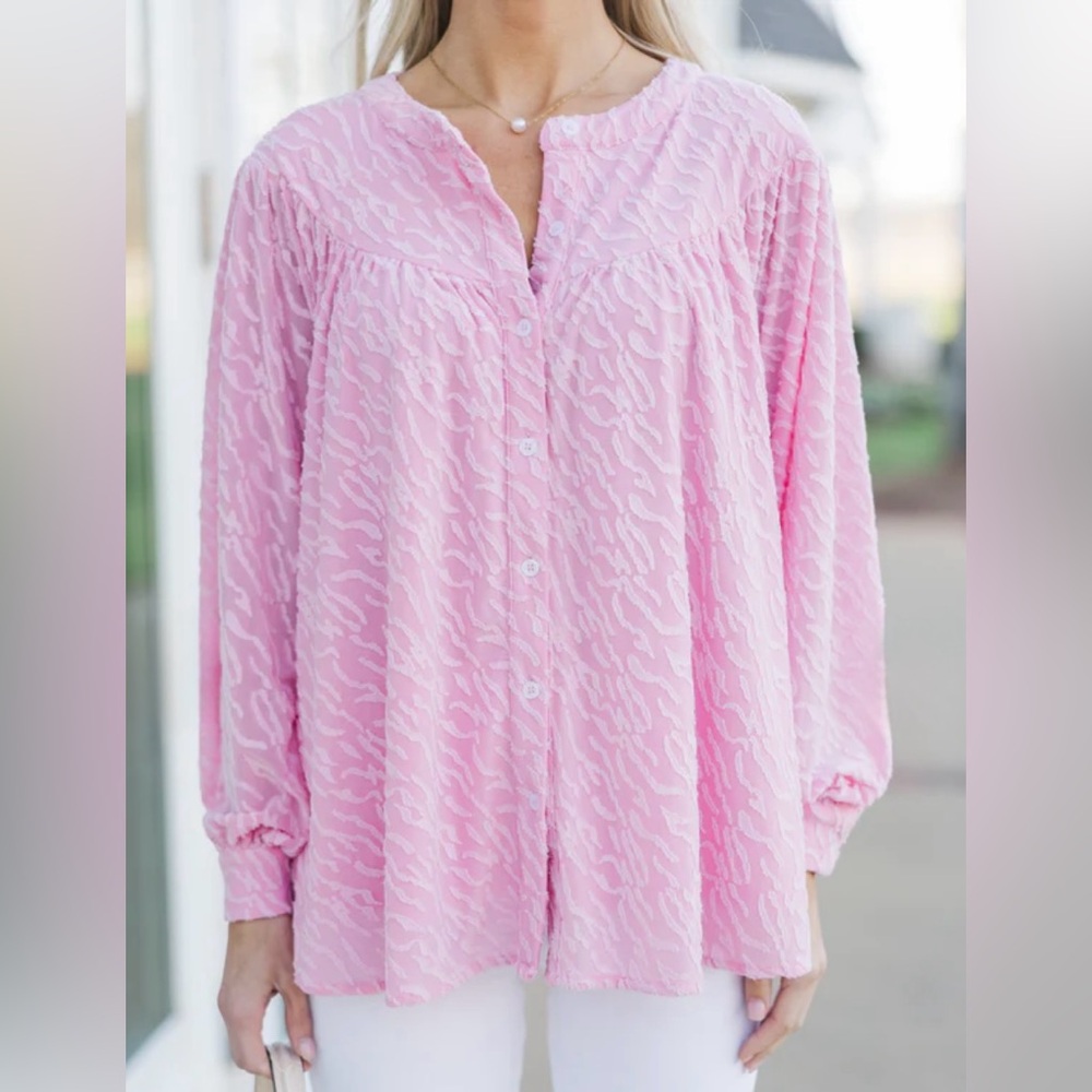 Shop the Mint Pink & White Flowy Babydoll Blouse | S | Long Sleeves V-Neck | New
